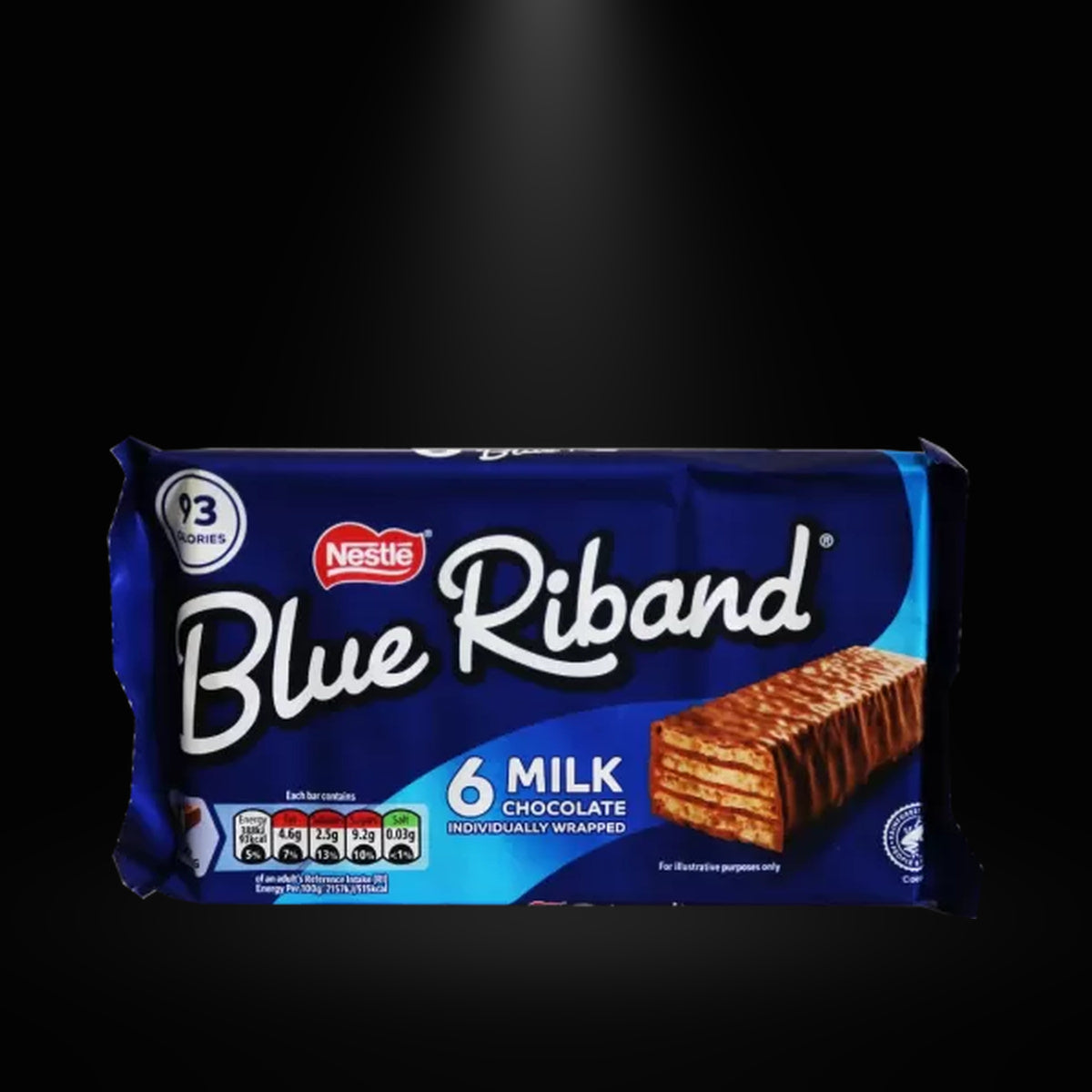 Nestlé Blue Riband 6 Pack 108g on black background with overhead spotlight