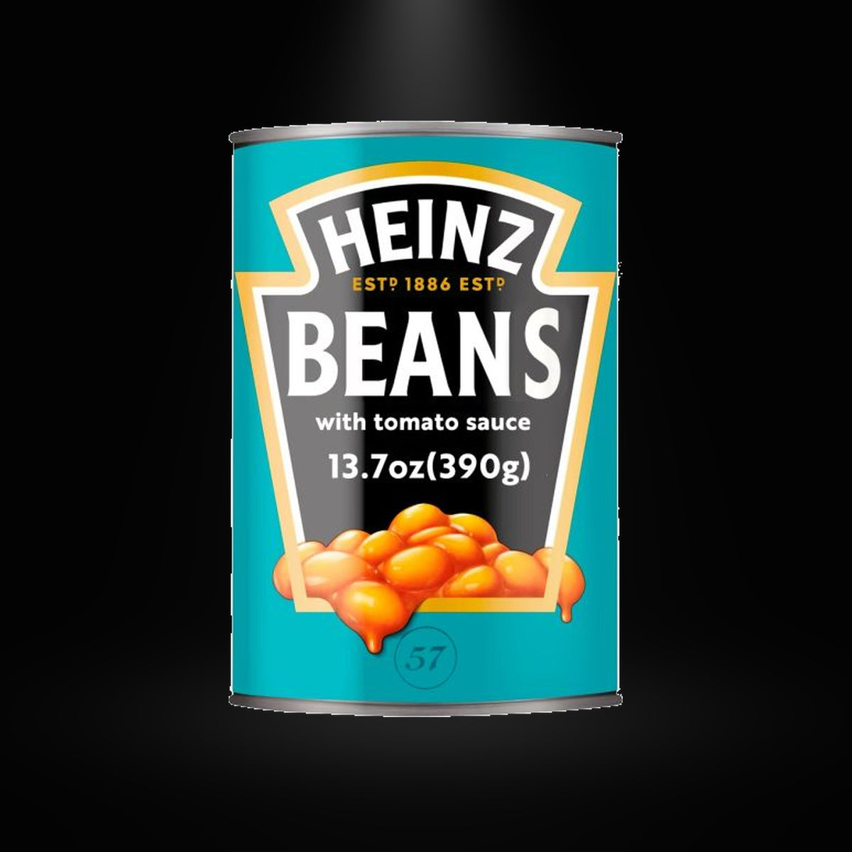 Heinz Baked Beans 200gm on black background with overhead spotlight