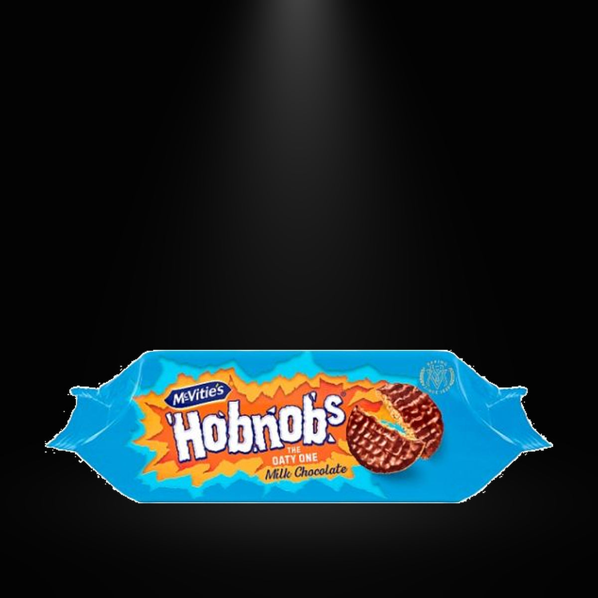 Mcvitie's Hobnob's Oaty Cookies Milk Chocolate 155g on black background with overhead spotlight