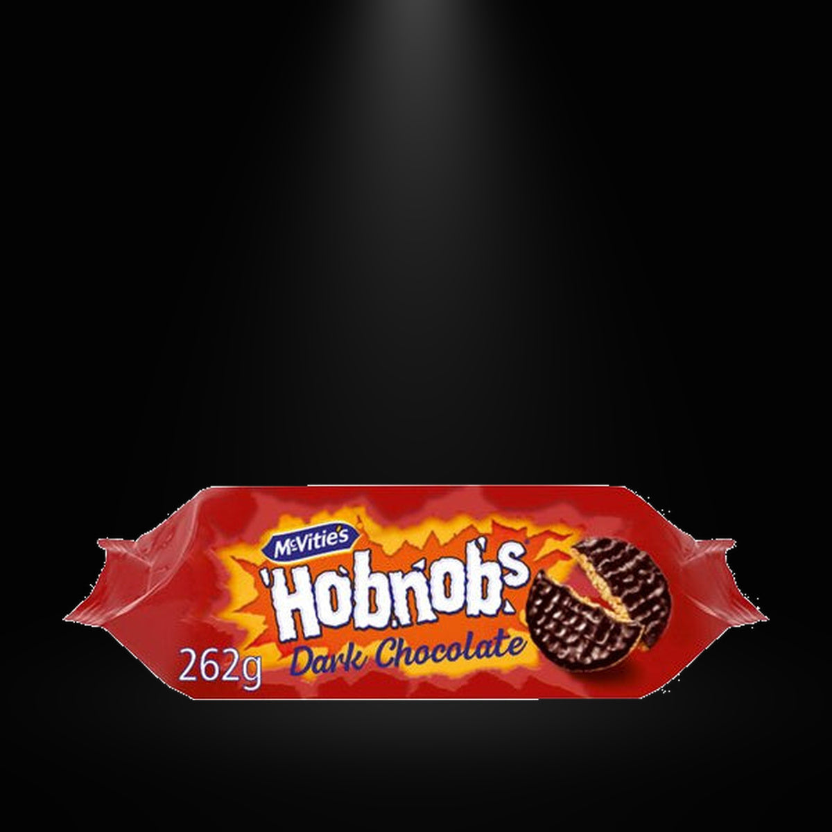 Hobnob's Oaty Cookies Dark Chocolate 155G on black background with overhead spotlight