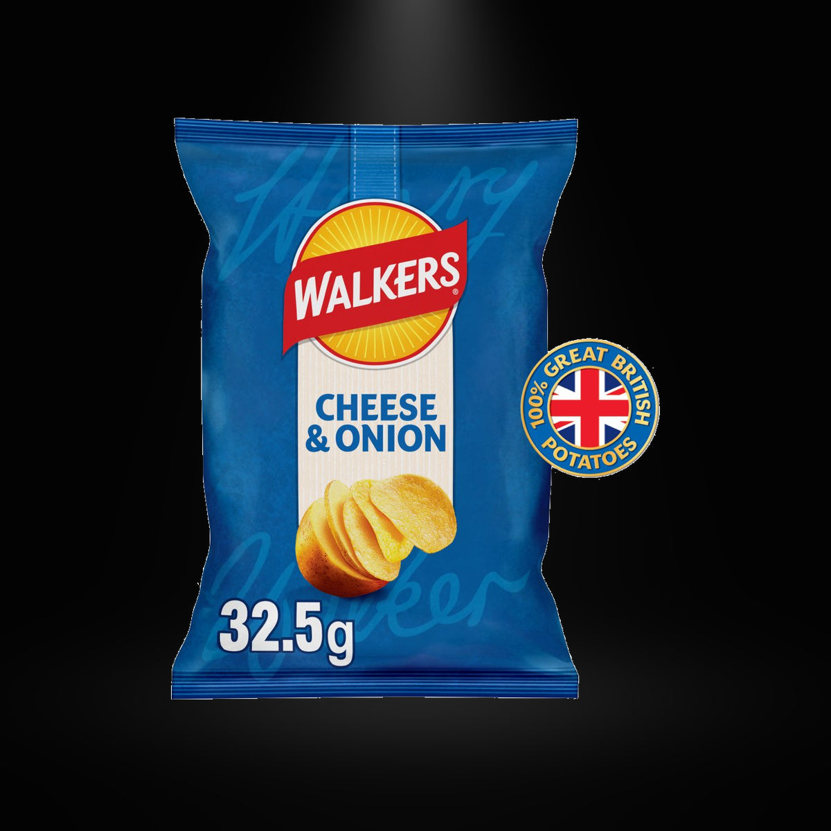 Walker's Cheese&Onion 32.5G on black background with overhead spotlight