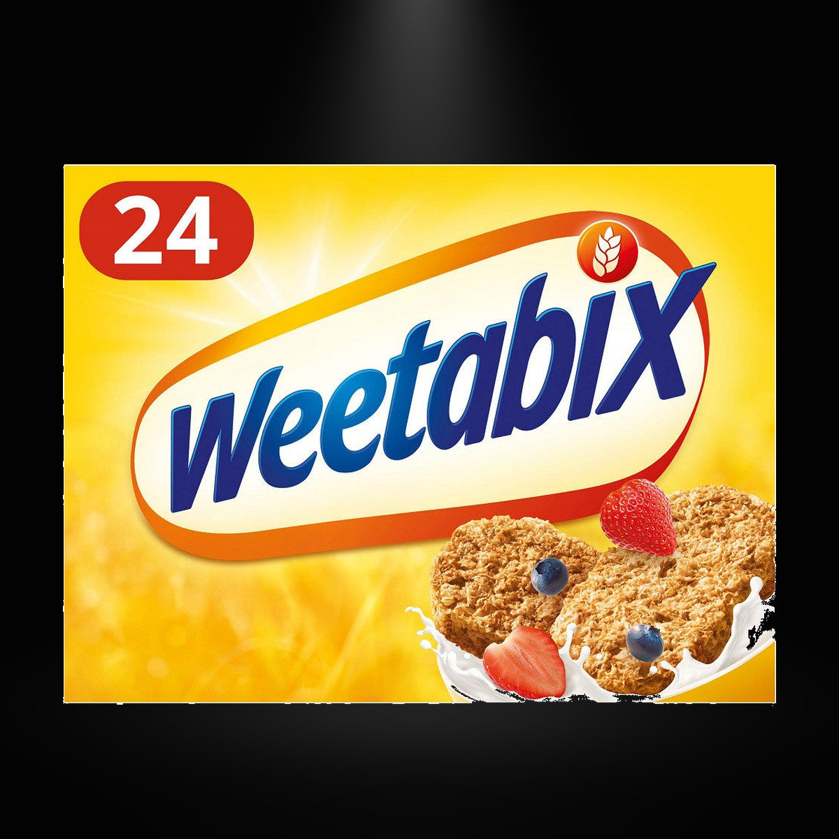 Weetabix Cereal 24 Pack on black background with overhead spotlight