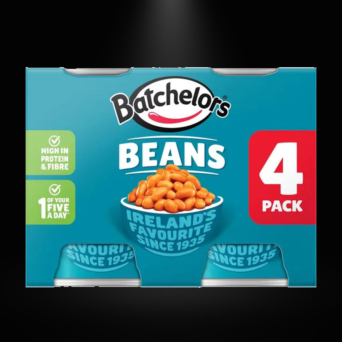 Batchelors Baked Beans 4 Pack on black background with overhead spotlight