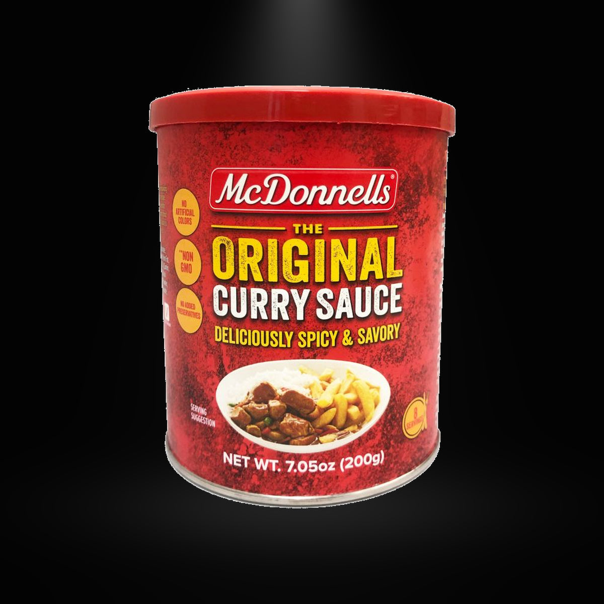 McDonnells Curry Sauce 250G on black background with overhead spotlight