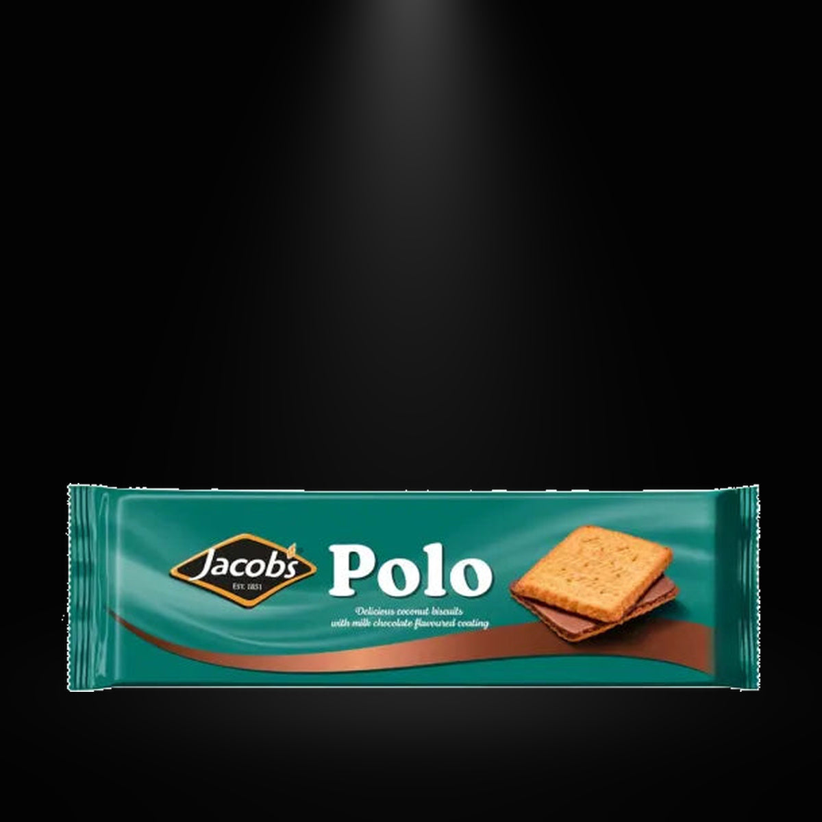 Jacobs Choc polo on black background with overhead spotlight