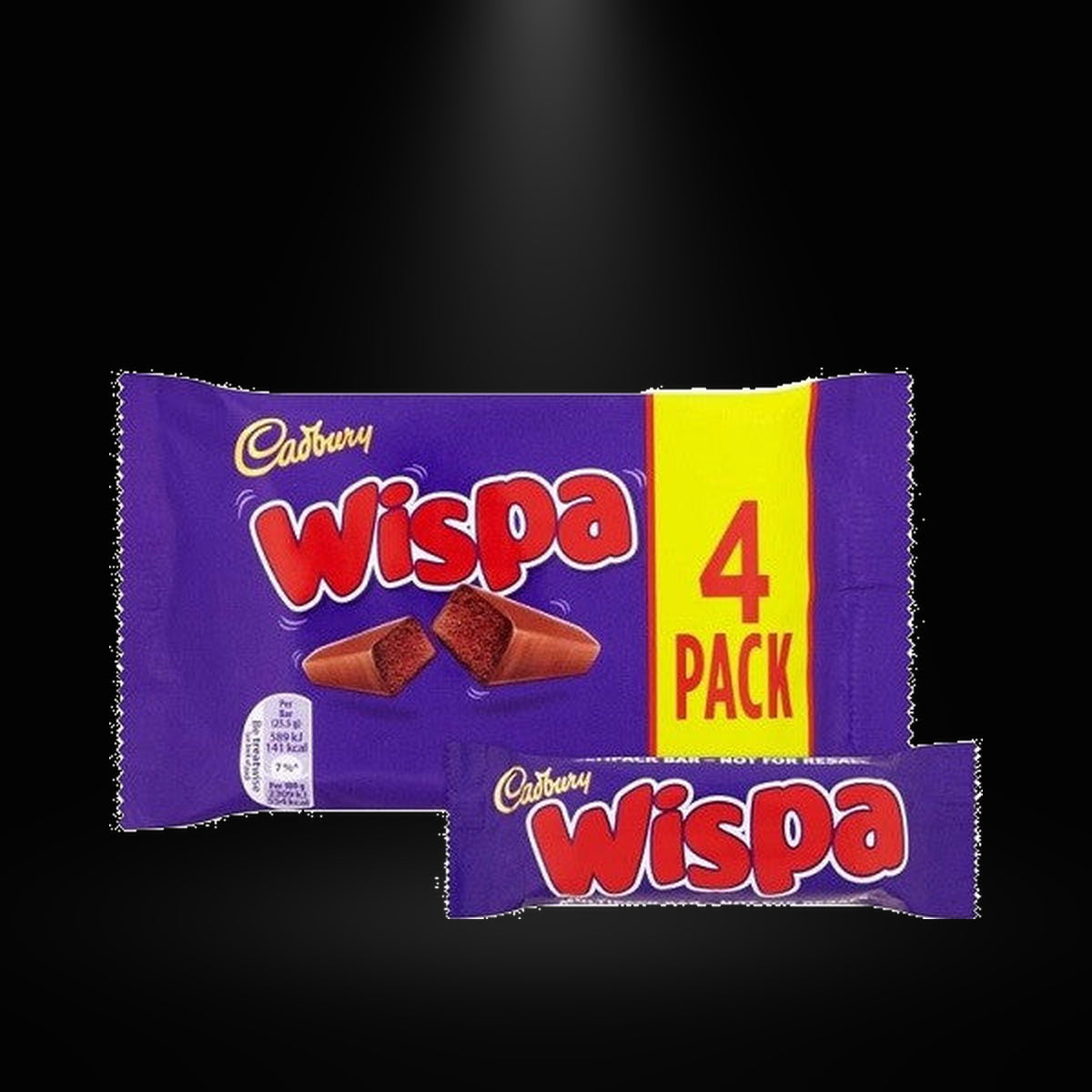 Wispa 4 pack on black background with overhead spotlight