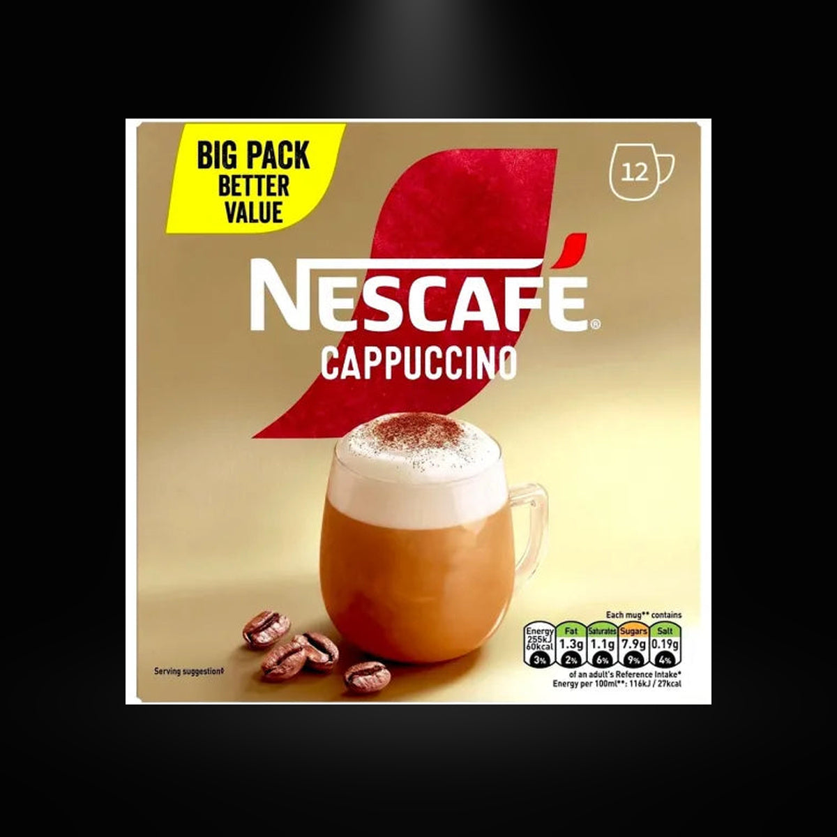 Nescafe Cappuccino Sachets 124G on black background with overhead spotlight