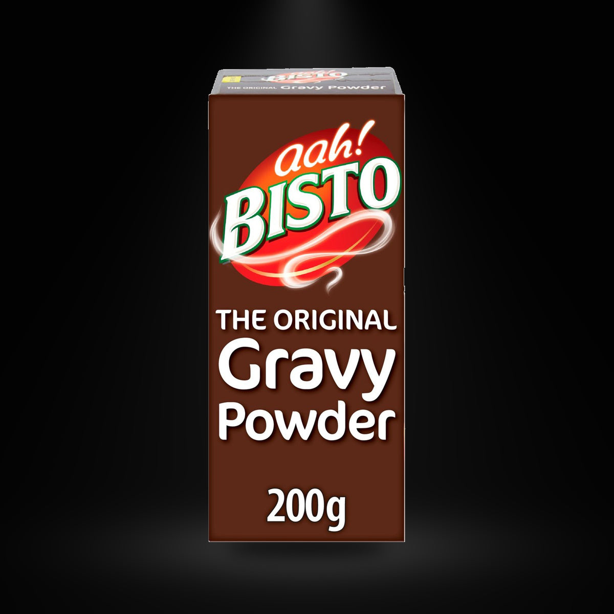 Bisto The Original Gravy Powder 200g on a black background with overhead spotlight on a black background with an overhead spotlight
