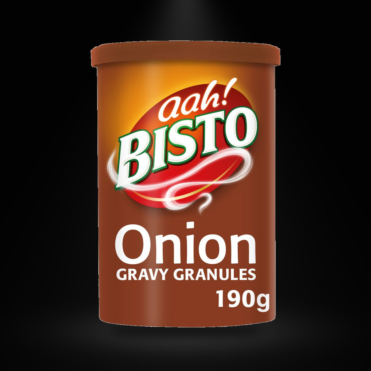 Bisto Onion Gravy Granules 190g on a black background with an overhead spotlight