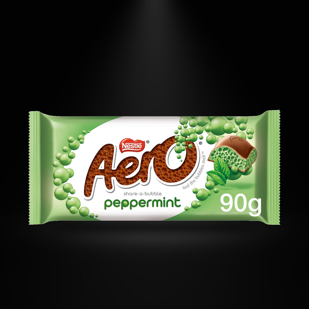 Aero Peppermint 90gm on a black background with an overhead spotlight