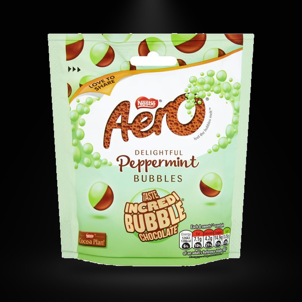 Aero Peppermint Bubbles 80g on a black background with an overhead spotlight