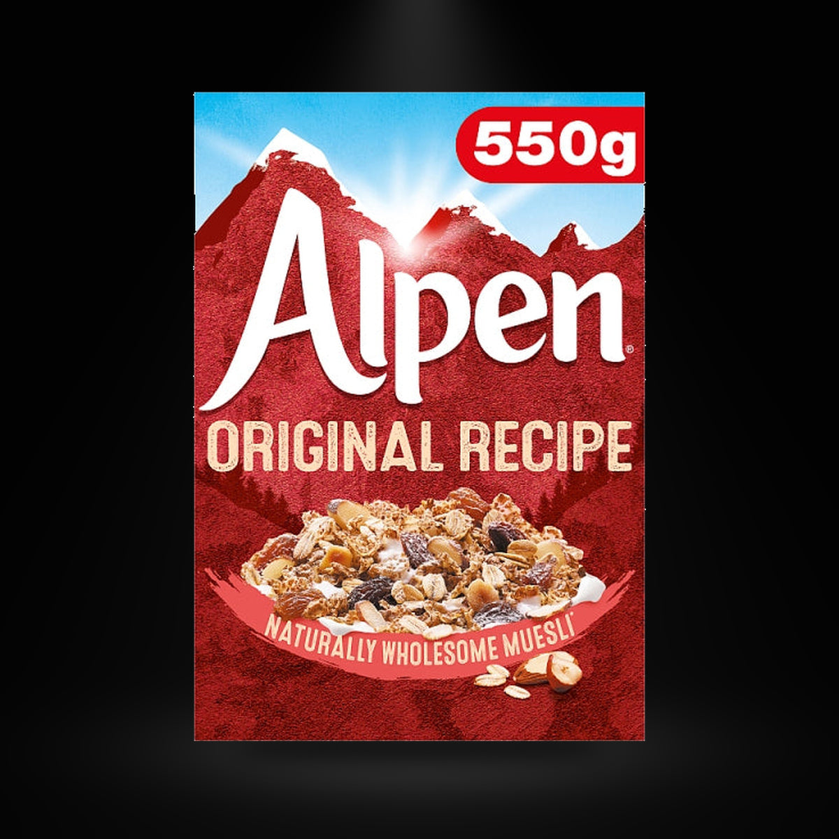 Alpen Original 550 gm on a black background with an overhead spotlight