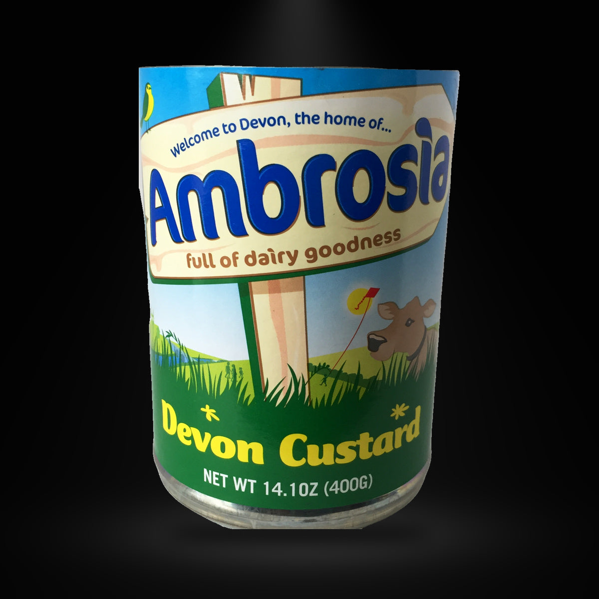 Ambrosia custard 400 gm on a black background with an overhead spotlight
