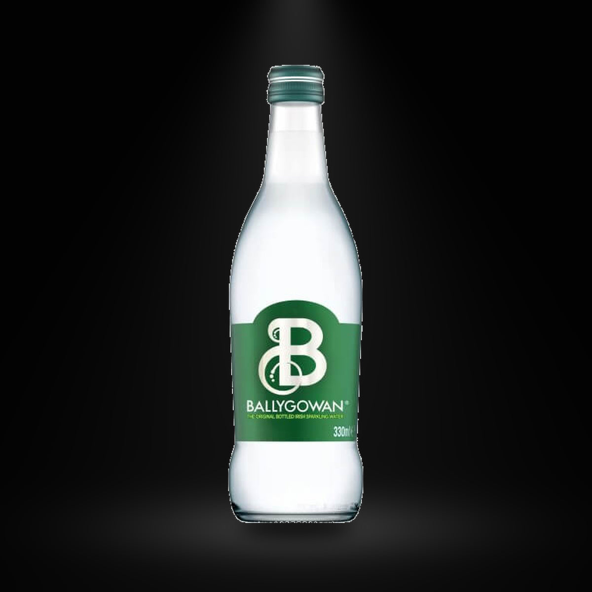 Ballygowan sparkling 330ml on a black background with an overhead spotlight