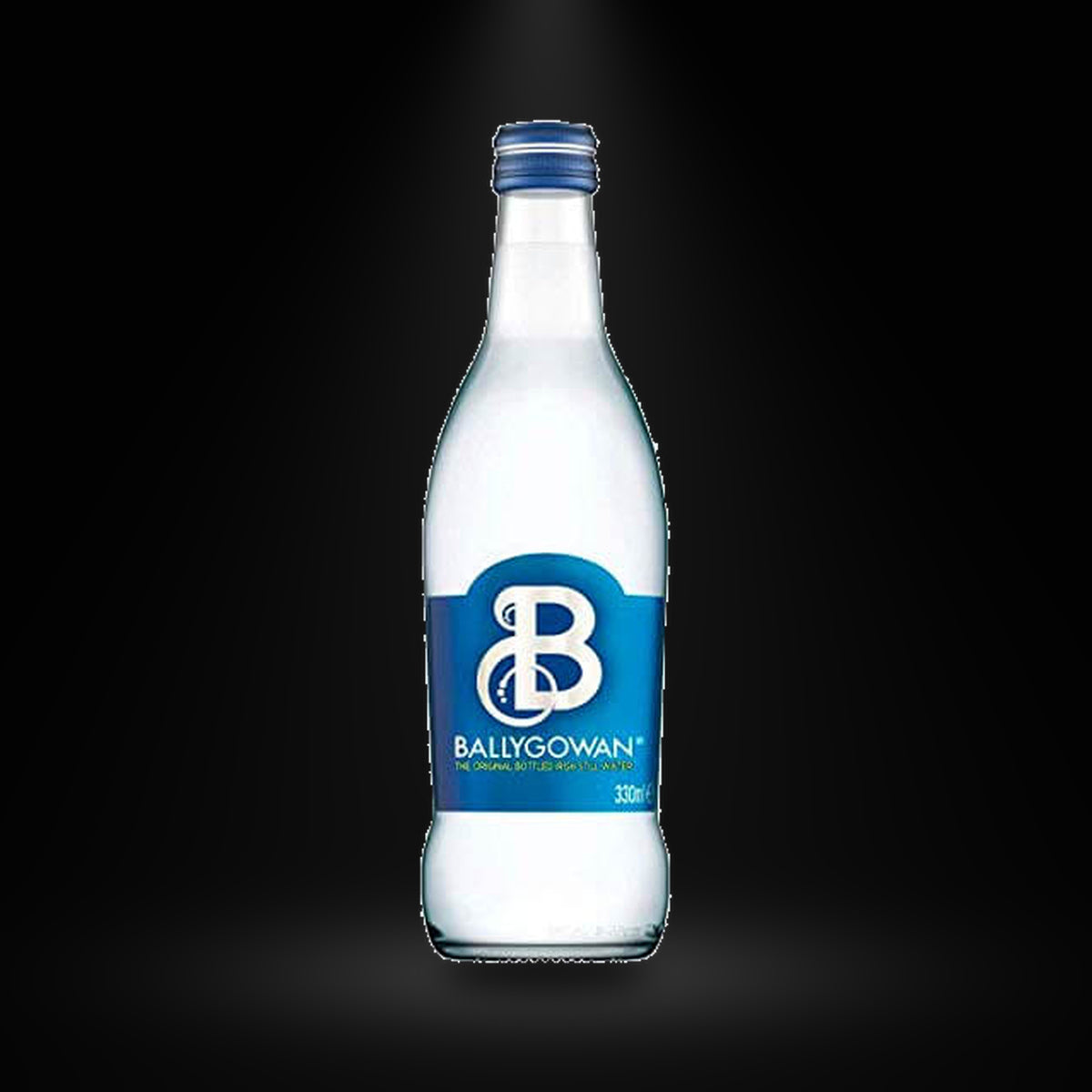Ballygowan Still Water 330ML on a black background with an overhead spotlight