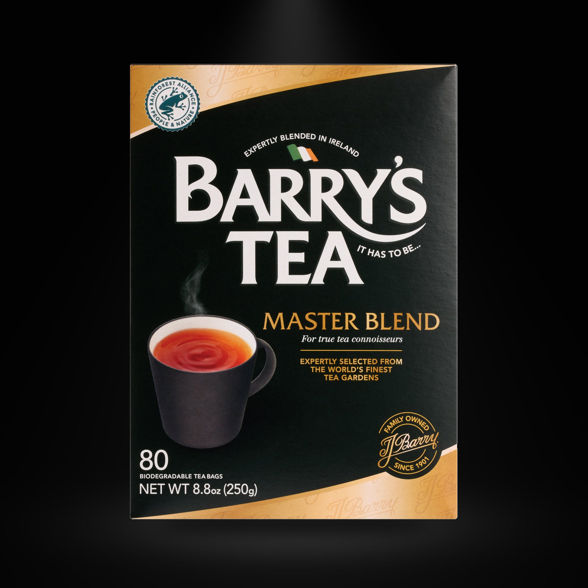 Barry's master blend 80ct on a black background with an overhead spotlight