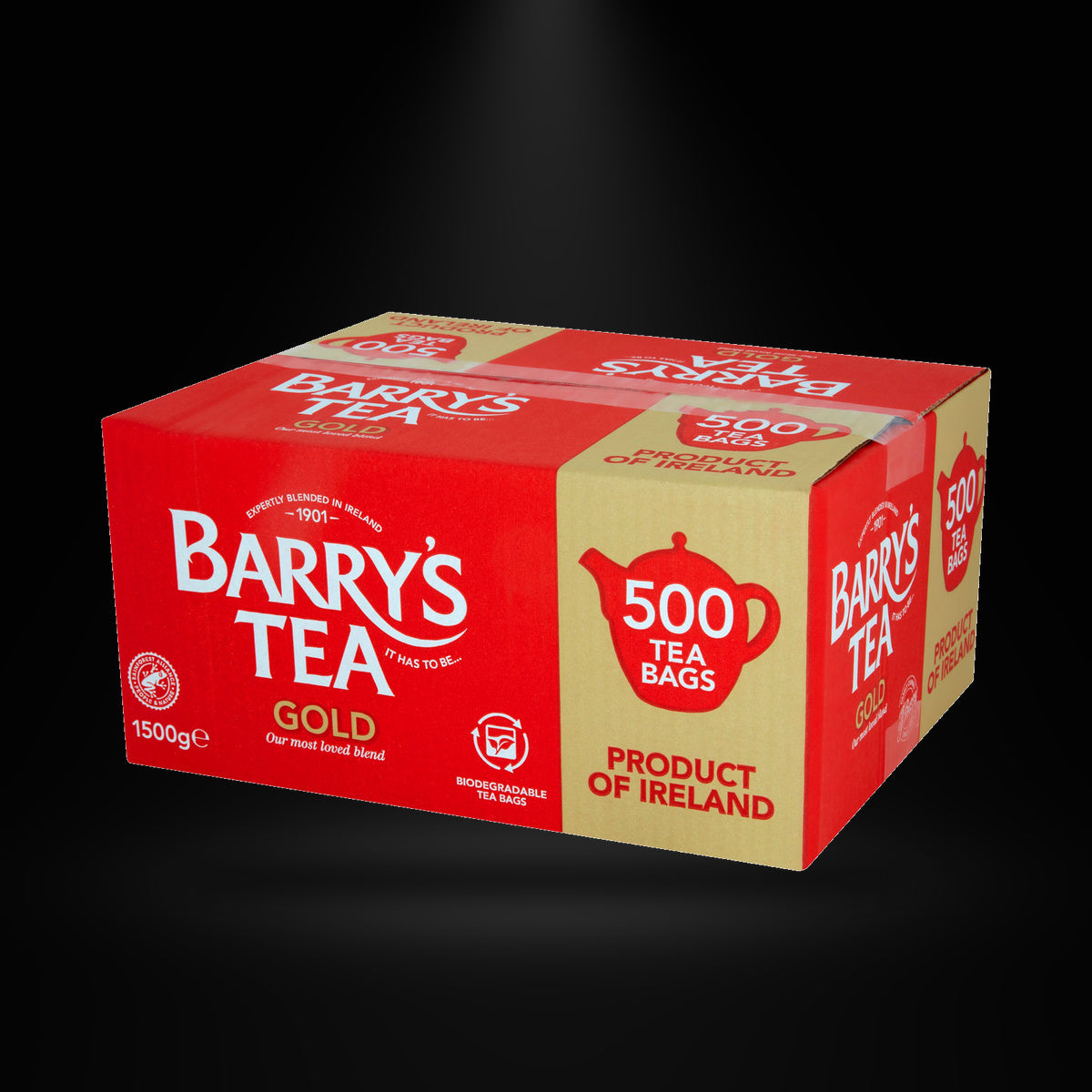 Barry's Gold Blend Tea 500 Tea Bags on a black background with an overhead spotlight