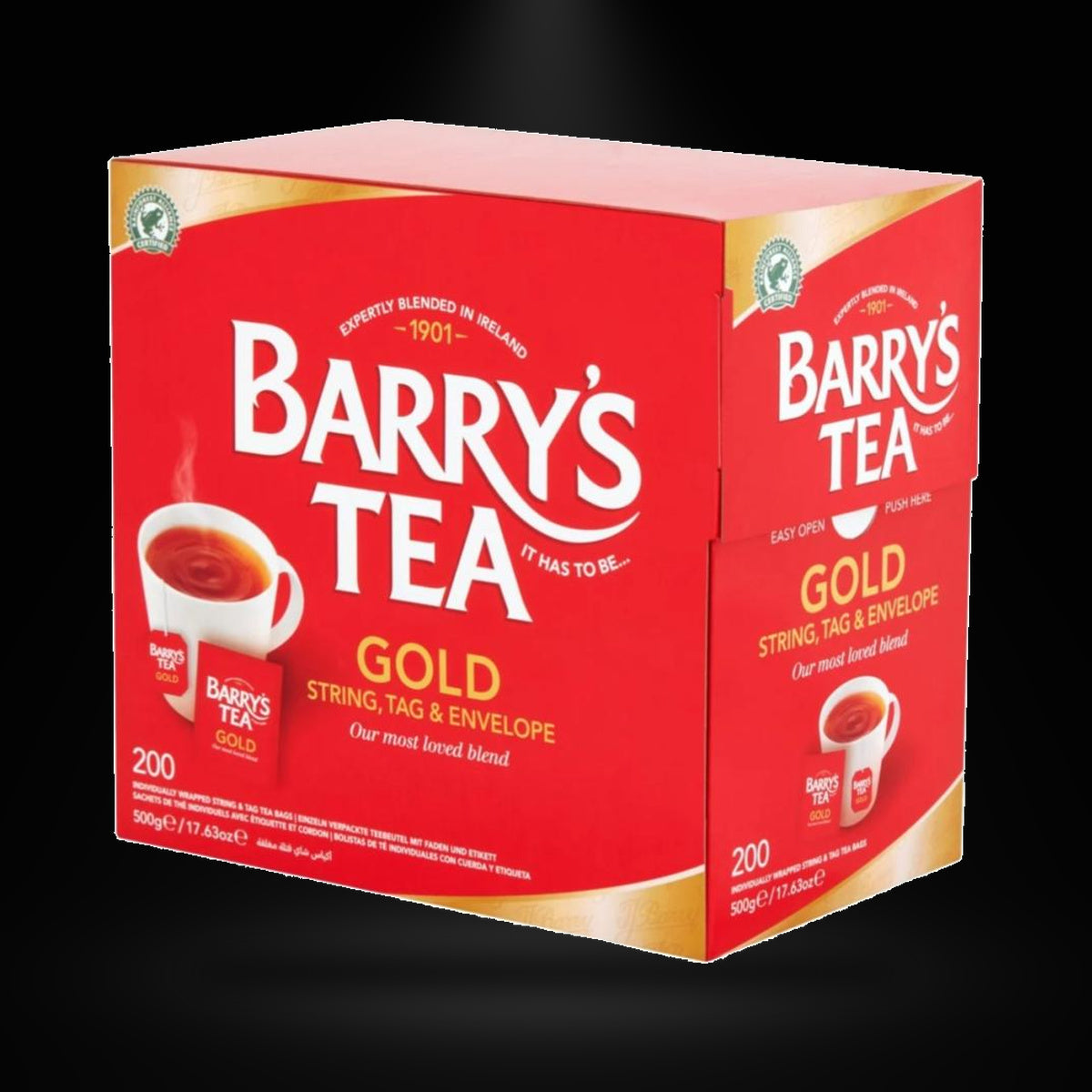 Barry's Tea Gold 200ct on a black background with an overhead spotlight