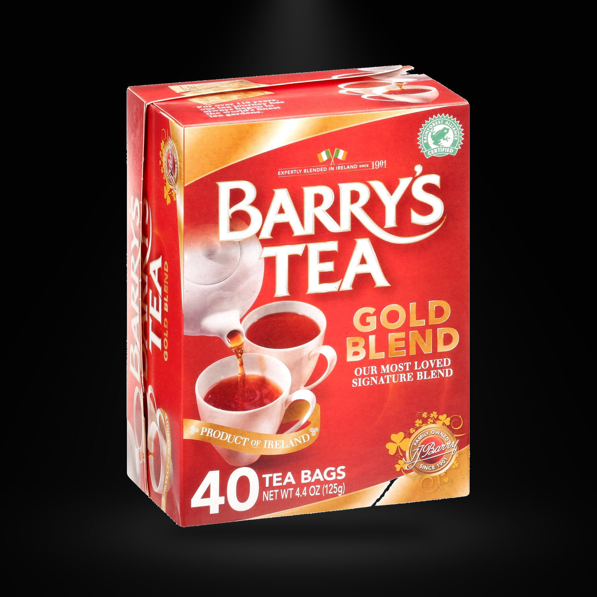 Barry's Tea Gold 40ct on a black background with an overhead spotlight