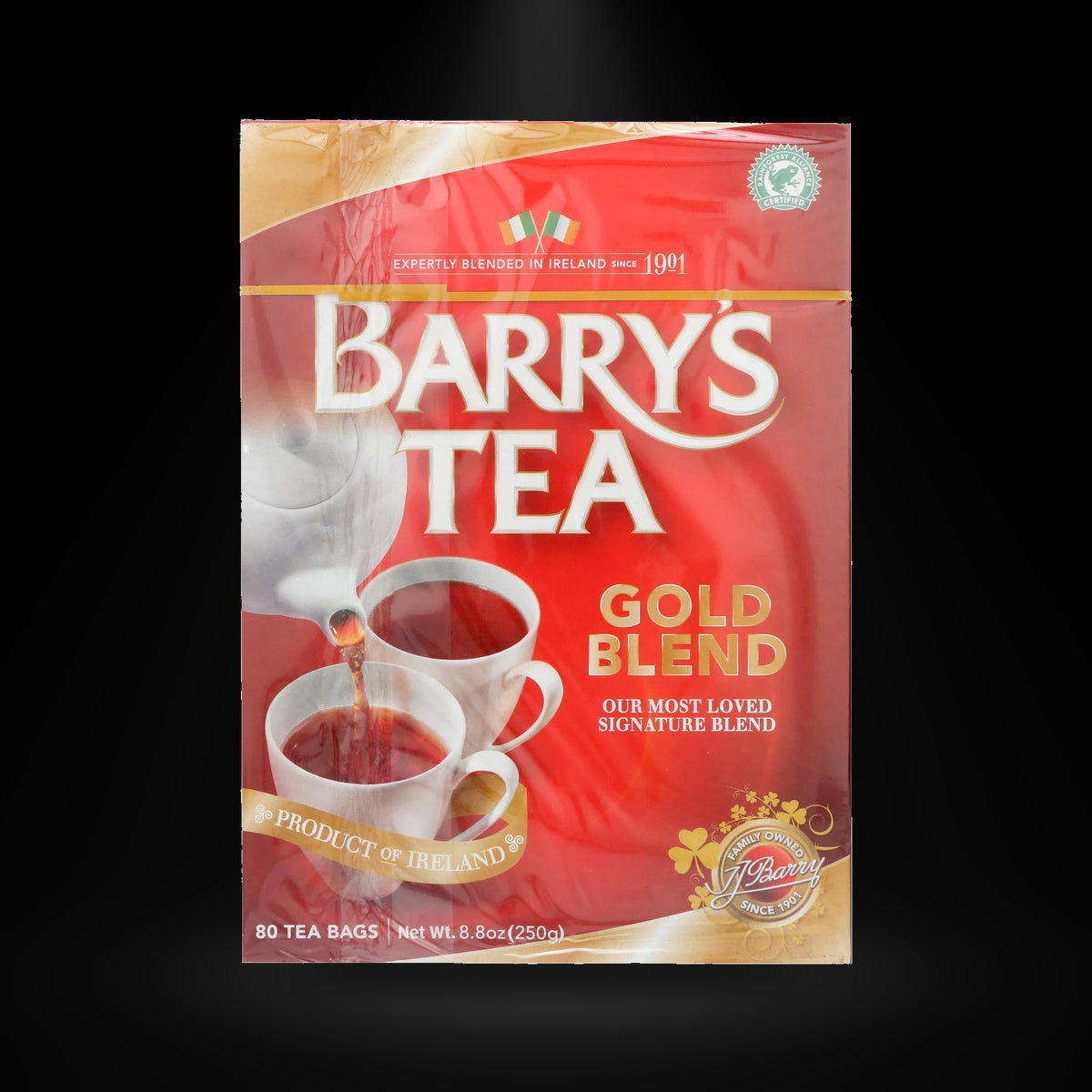 Barry's Tea Gold Blend 80 Ct on a black background with an overhead spotlight