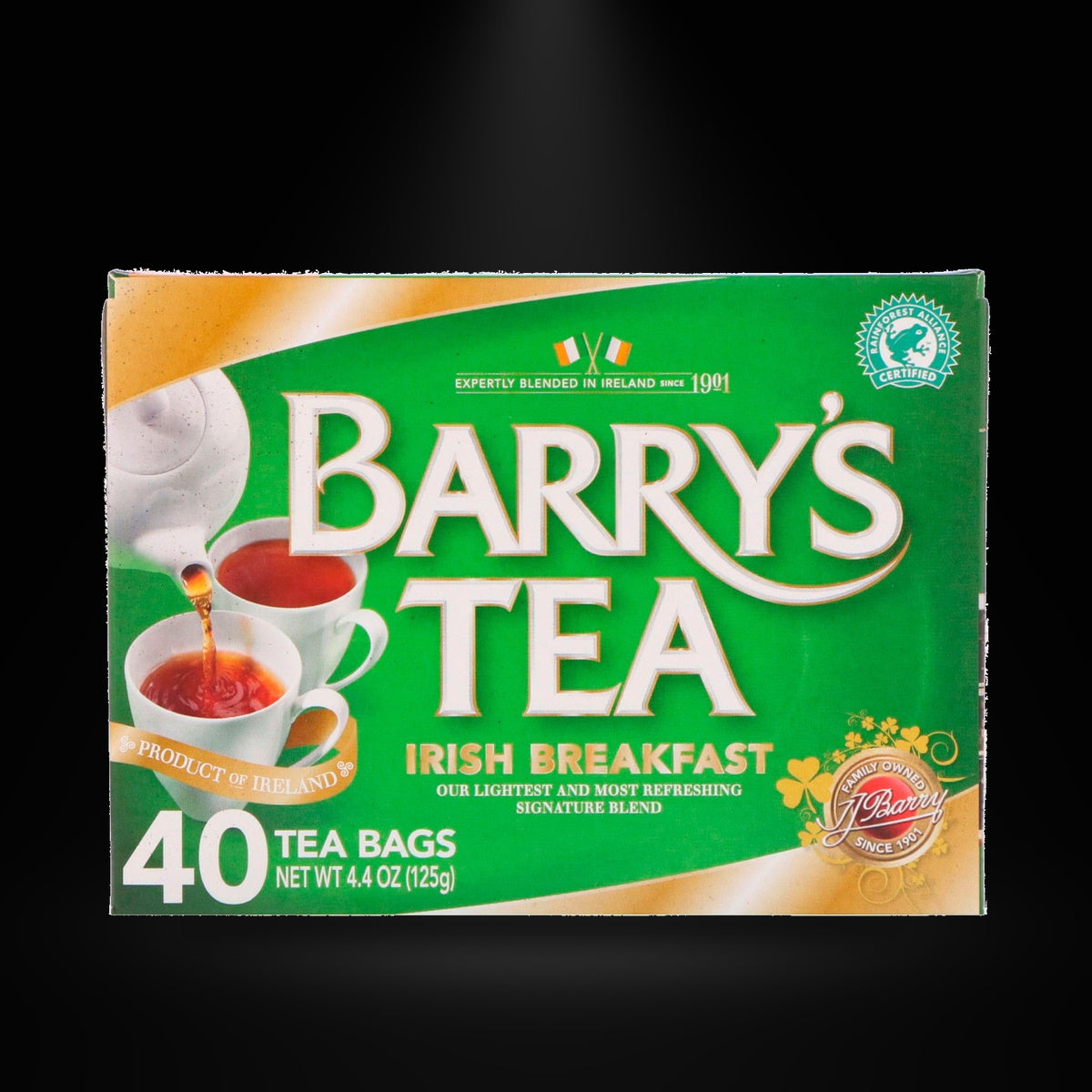 Barry's Tea Irish 40ct on a black background with an overhead spotlight