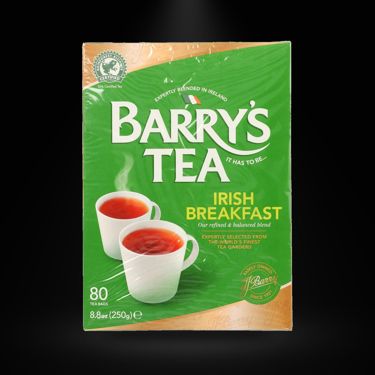 Barry's Tea Irish Breakfast 80 Ct on a black background with an overhead spotlight
