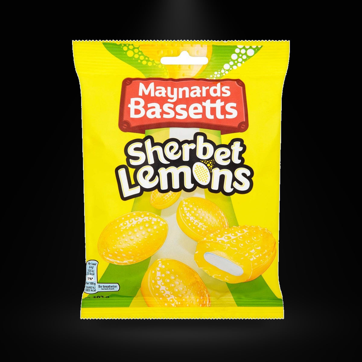 Bassets Sherbet Lemon Bags on a black background with an overhead spotlight