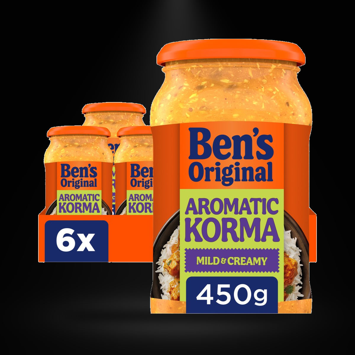 Bens Korma 450 g on a black background with an overhead spotlight