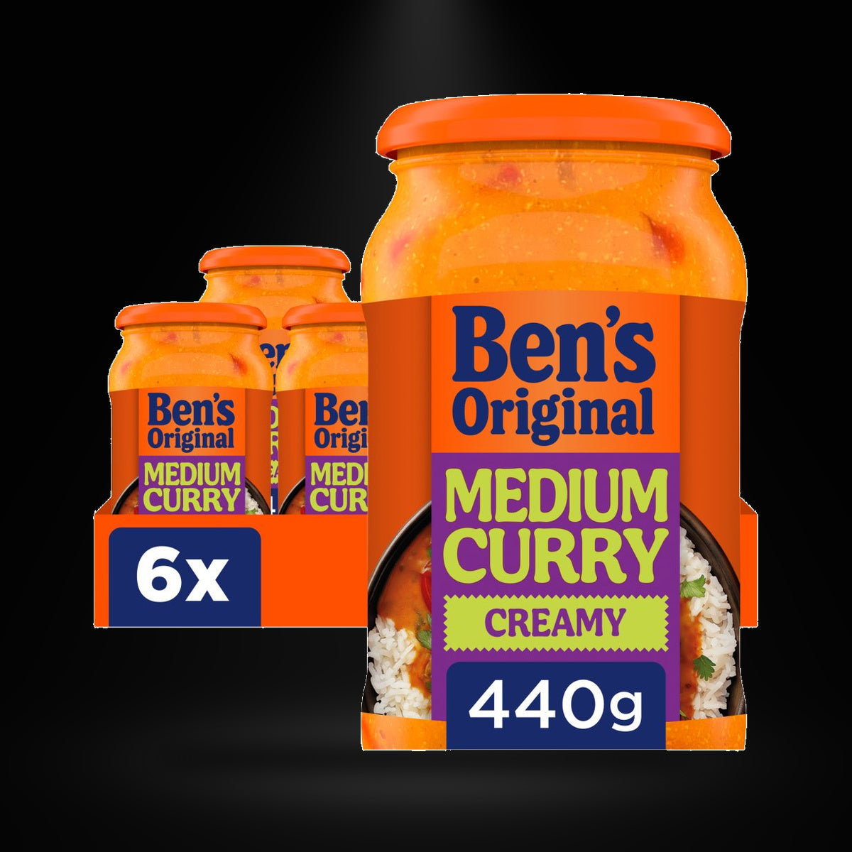 Bens Med. Curry Sauce 440g on a black background with an overhead spotlight