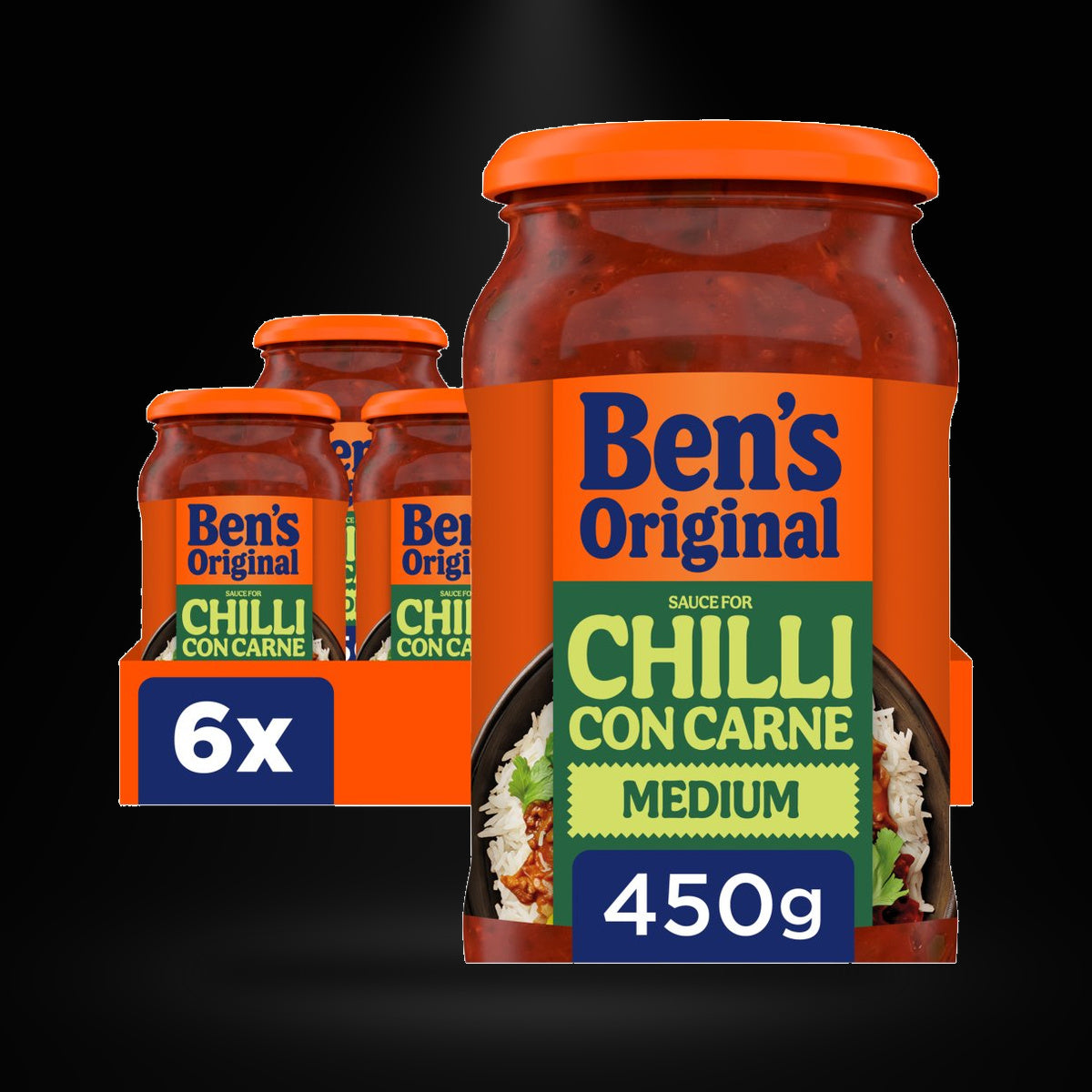 Bens Original chilli Corn Carne Sauce on a black background with an overhead spotlight