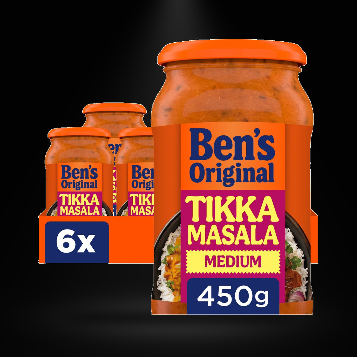 Bens Tikka Masala 450 g on a black background with an overhead spotlight