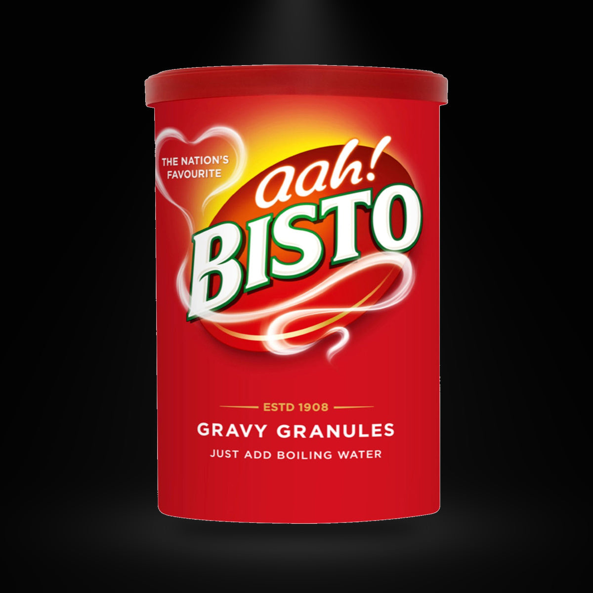 Bisto Beef gravy granules 170g on a black background with an overhead spotlight