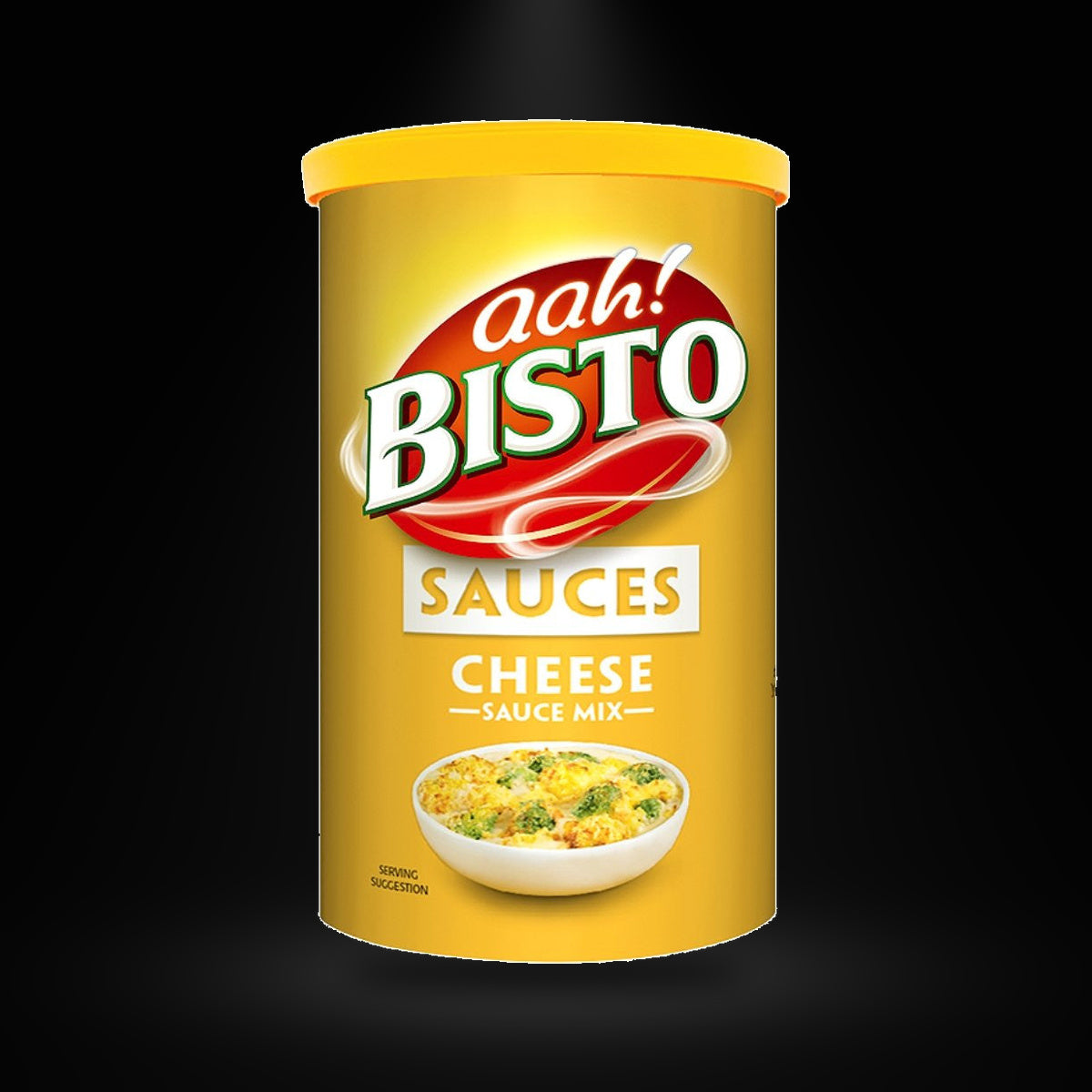 Bisto cheese sauce Granules 185g on a black background with an overhead spotlight