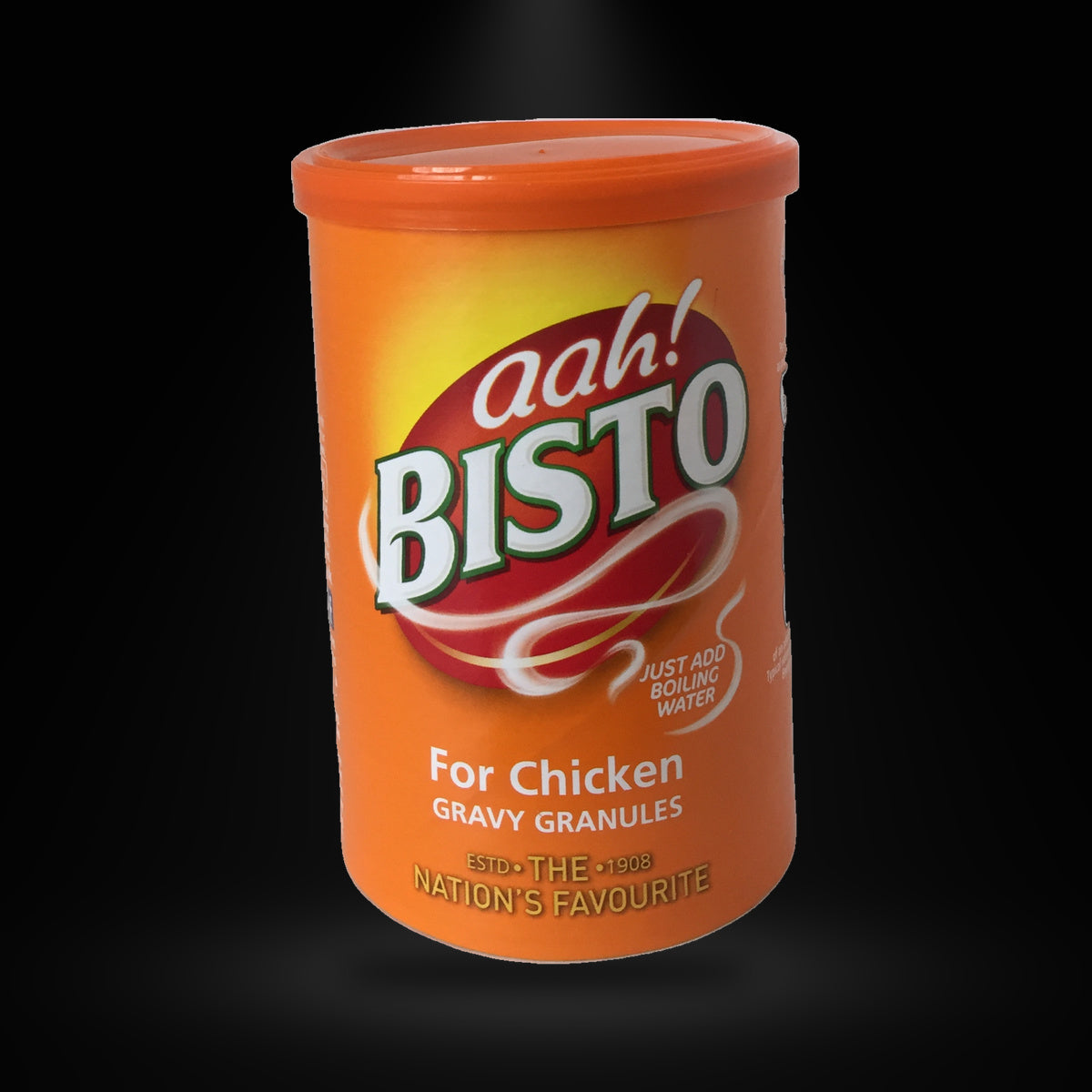 Bisto Chicken Gravy Granules 170g on a black background with an overhead spotlight