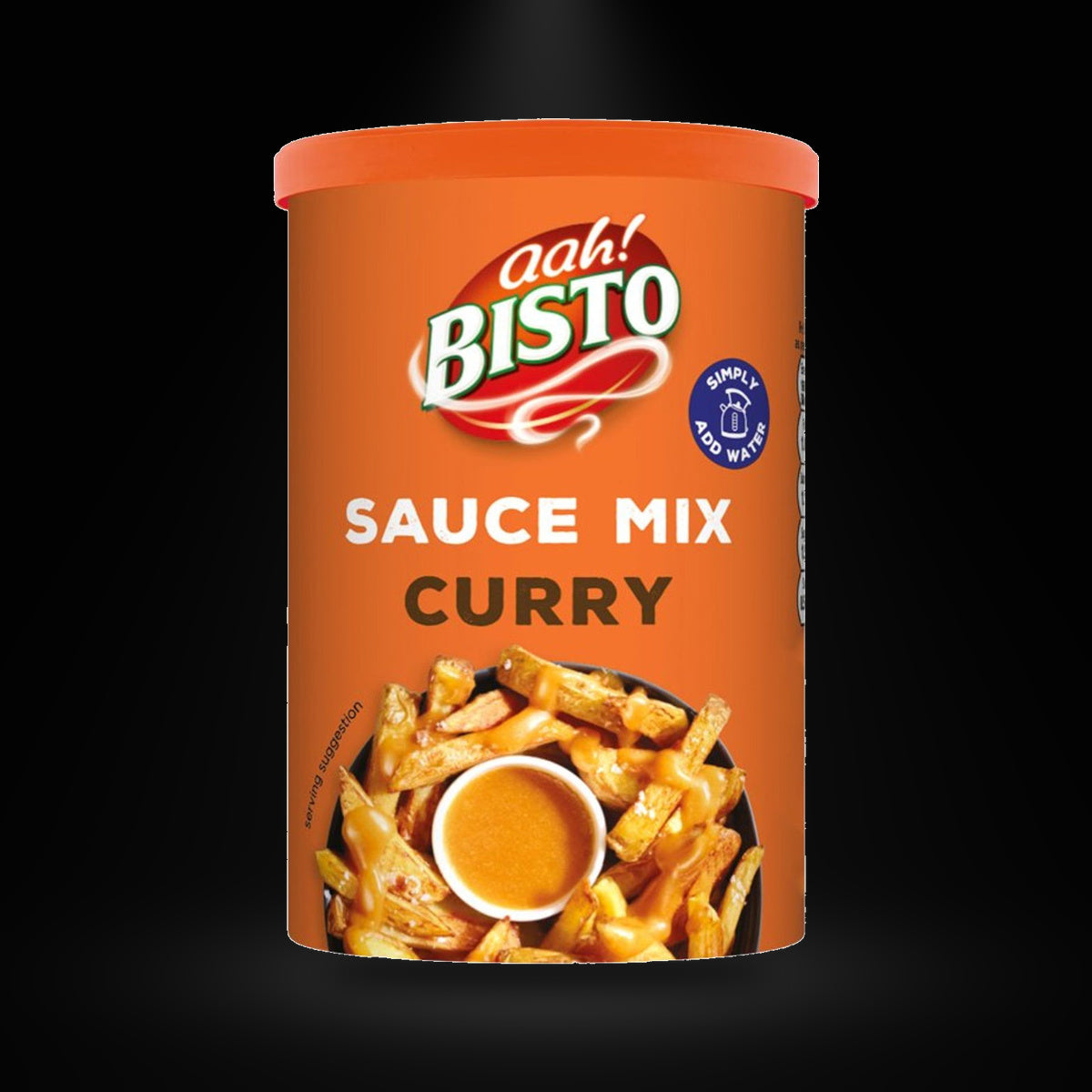 Bisto Curry Sauce mix 185g on a black background with an overhead spotlight
