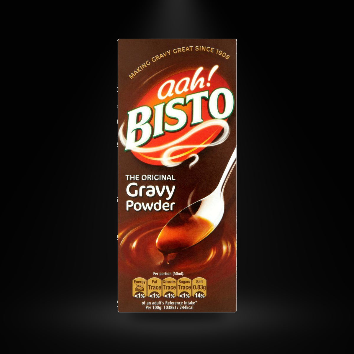 Bisto Gravy 454 gm on a black background with an overhead spotlight