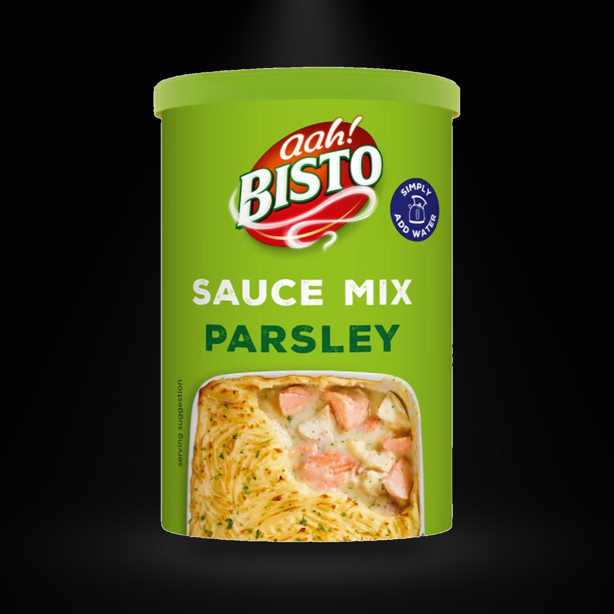 Bisto Parsley mix on a black background with an overhead spotlight