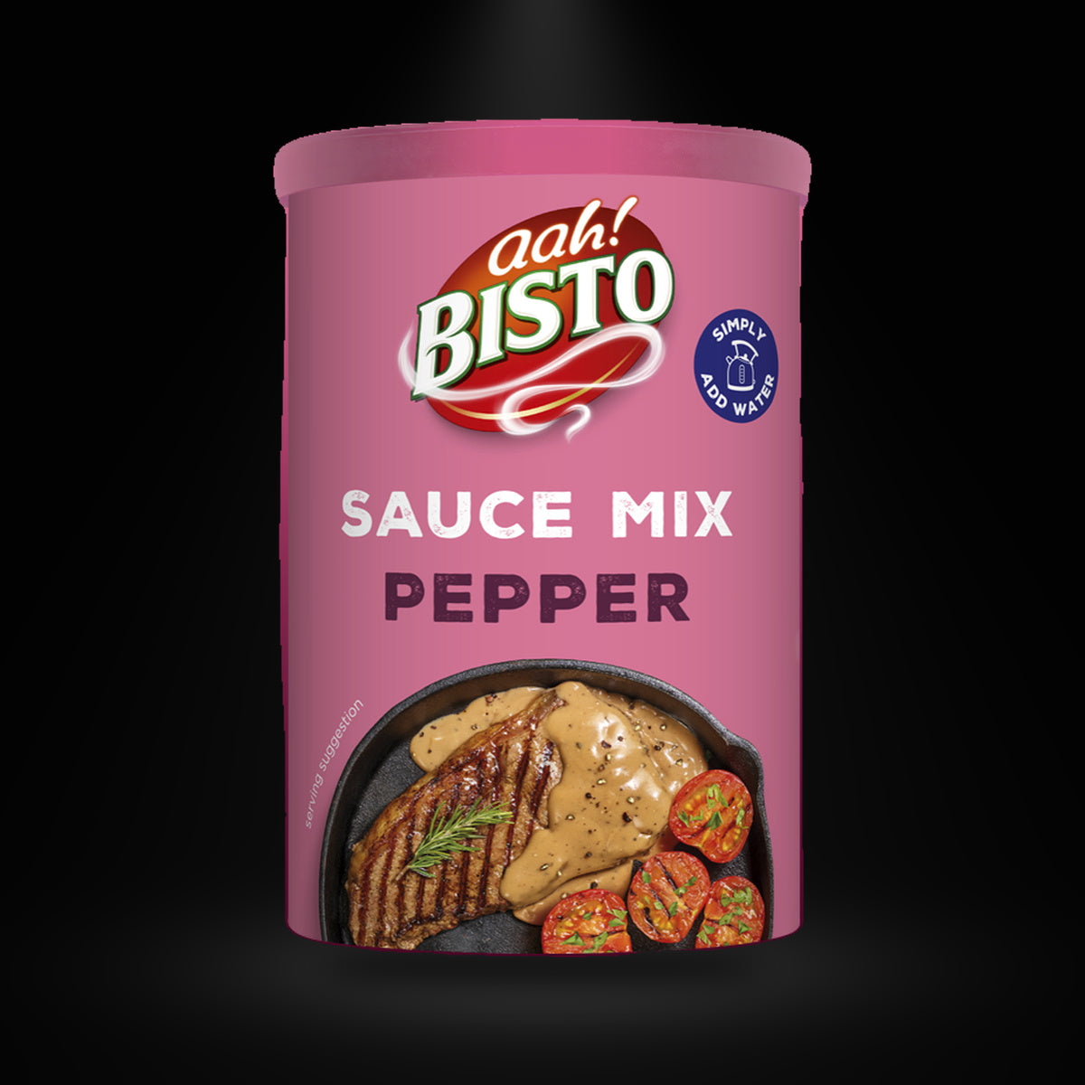 Bisto Pepper Sauce Granules 185G on a black background with an overhead spotlight