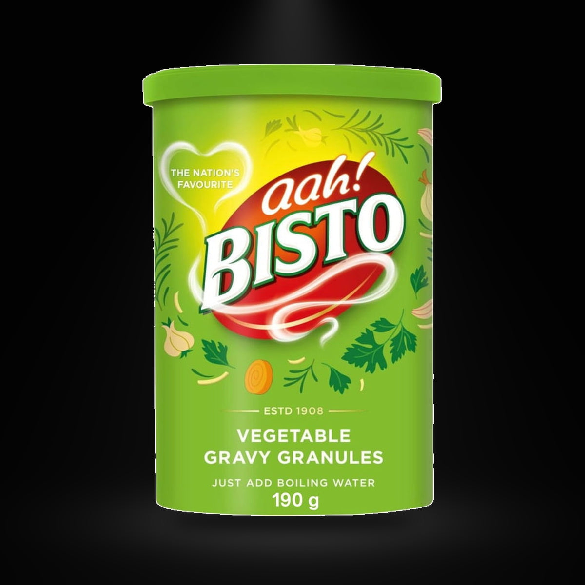 Bisto Vegetable Gravy Granules 190g on a black background with an overhead spotlight