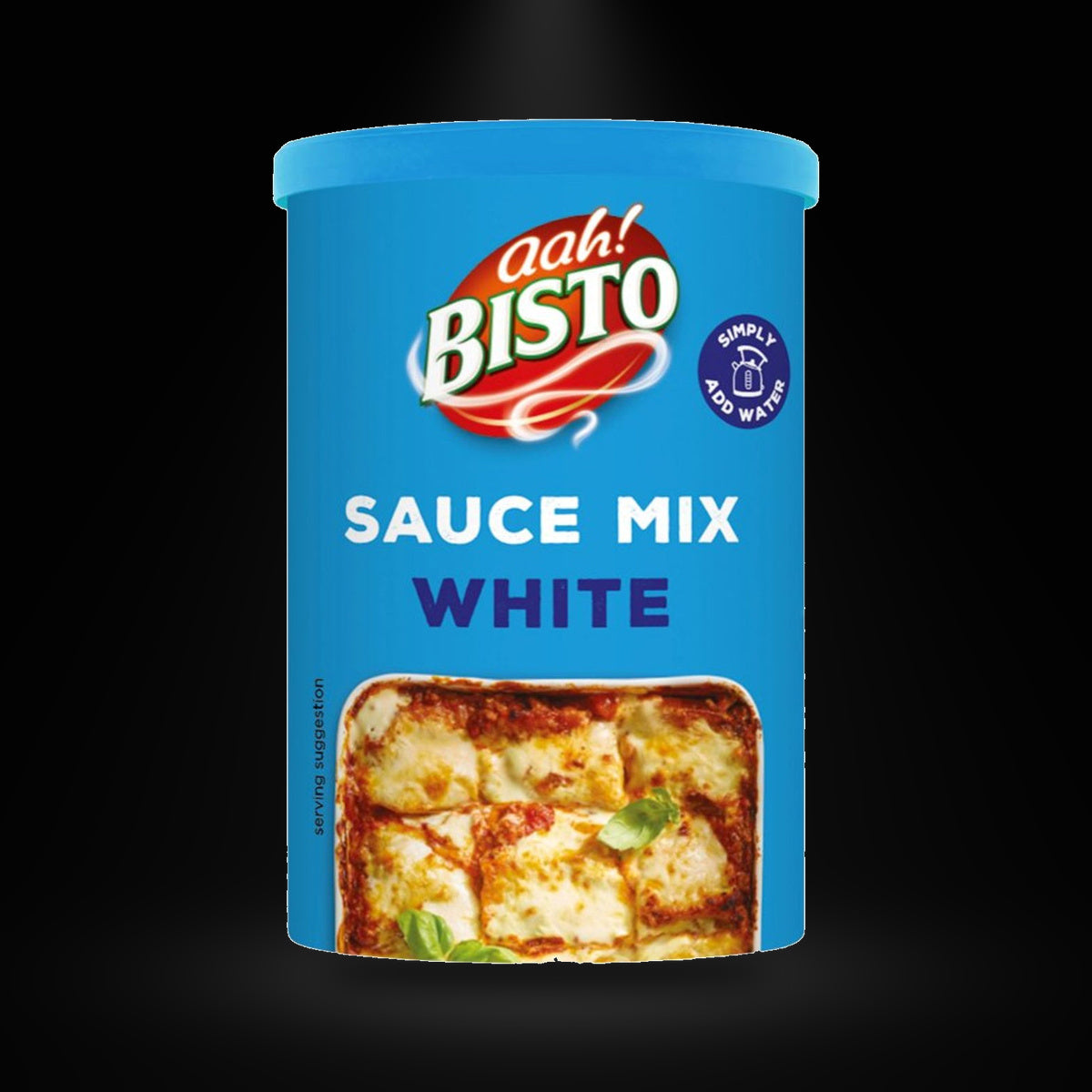 Bisto White Sauce 185g on a black background with an overhead spotlight