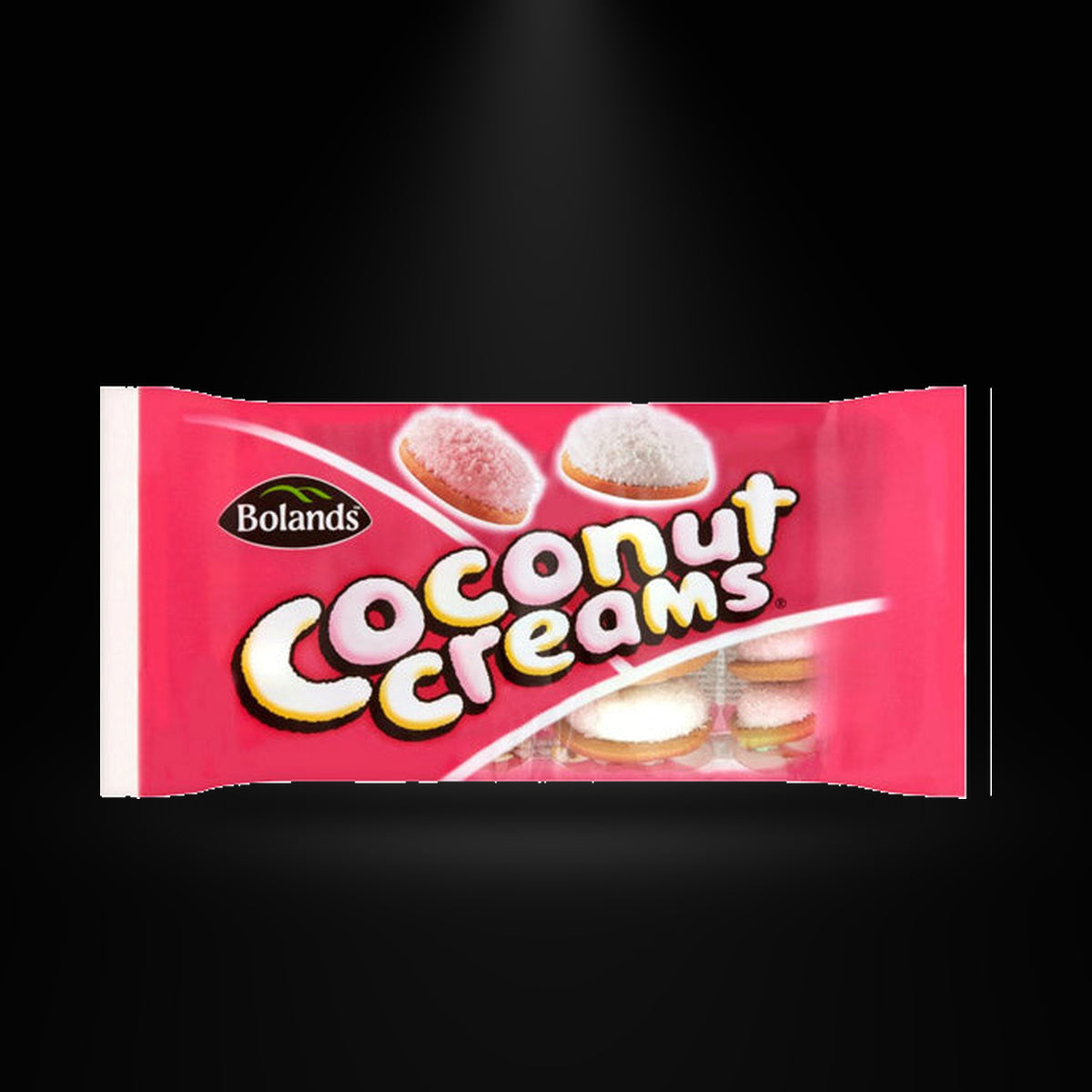 Boland Coconut creams 200G on a black background with an overhead spotlight