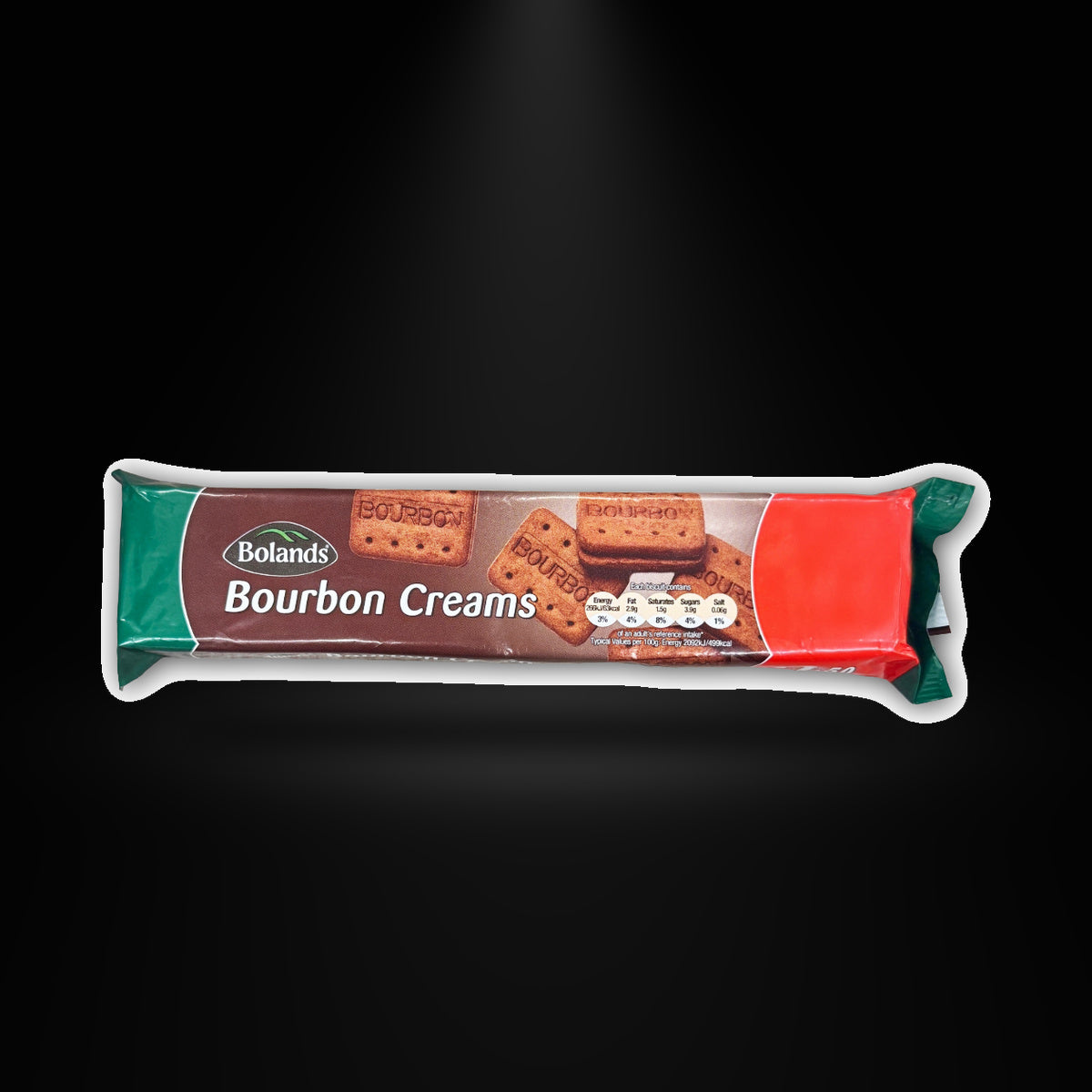 Boland's Bourbon Creams on a black background with an overhead spotlight