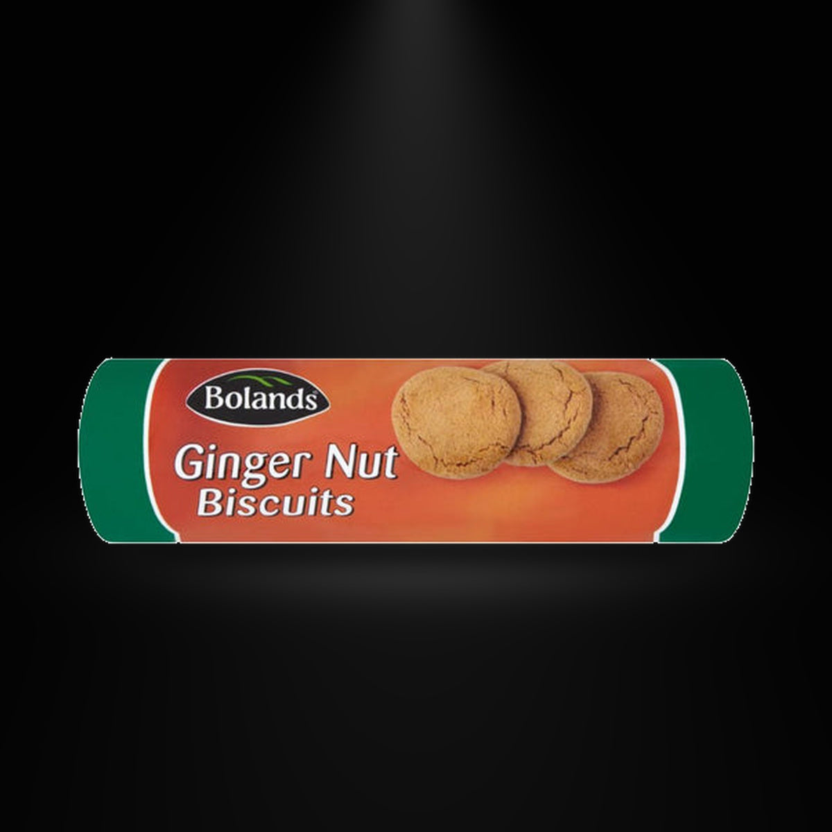 Boland's Ginger Nut Biscuit 250G on a black background with an overhead spotlight