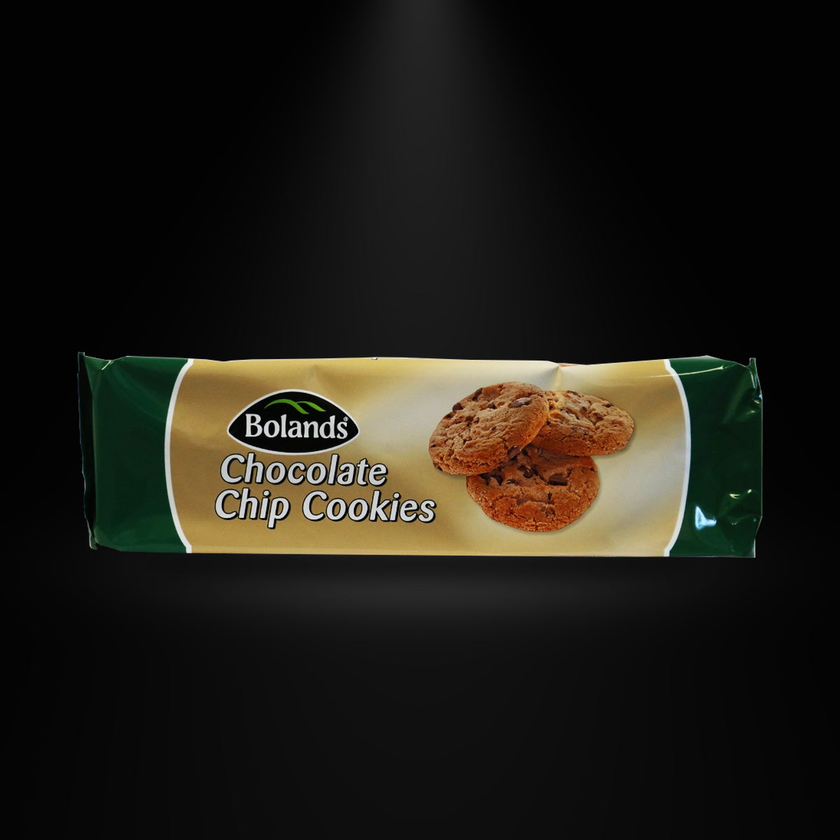 Bolands Chocolate Chip Cookies 150g on a black background with an overhead spotlight