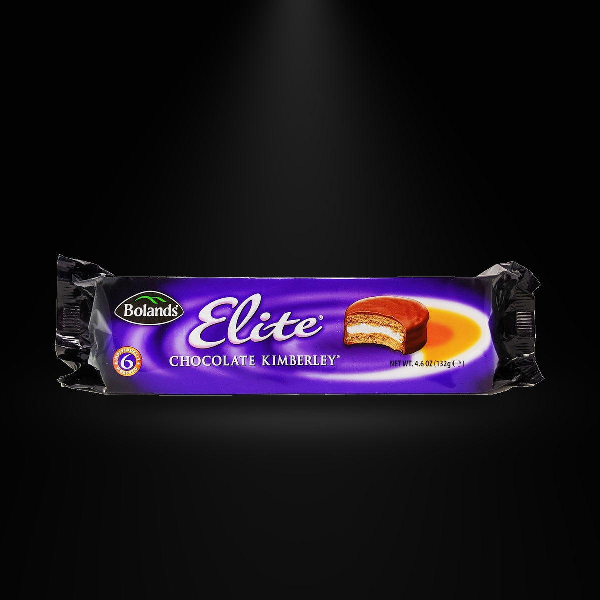 Bolands Elite Chocolate Kimberley Biscuits 132g on a black background with an overhead spotlight