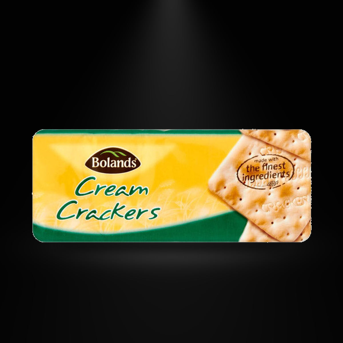 Bolands Cream Crackers 200gm on a black background with an overhead spotlight