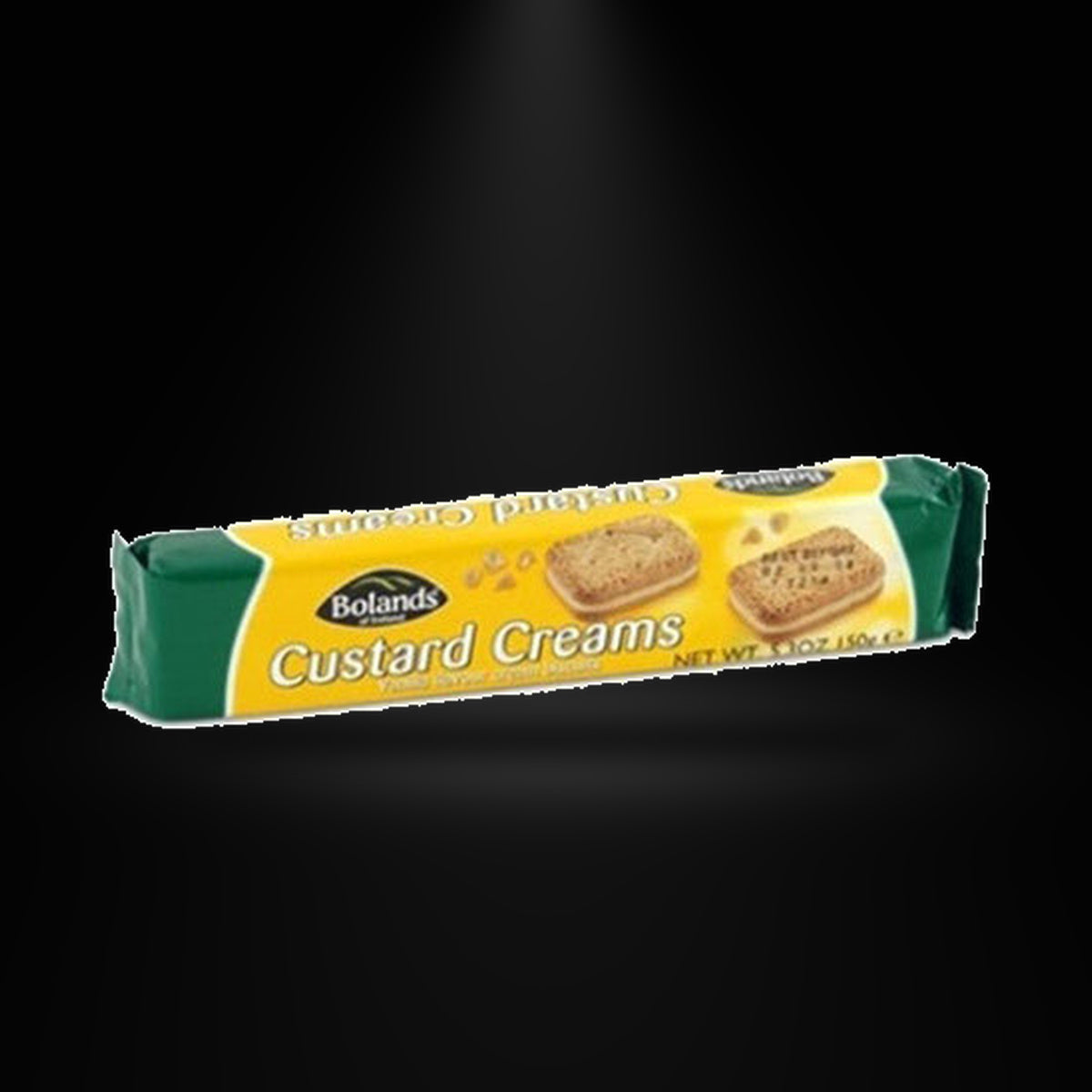 Bolands Custard Creams 150gm on a black background with an overhead spotlight