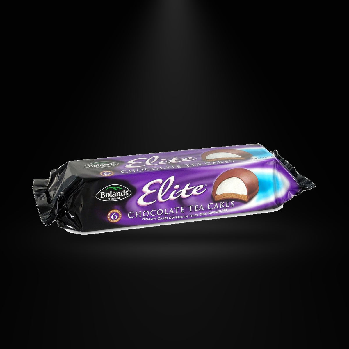 Bolands Elite Chocolate Tea Cakes 150g on a black background with an overhead spotlight