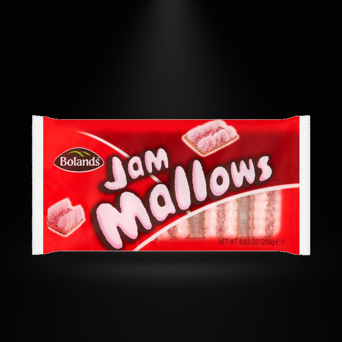 Bolands Jam Mallows 250g on a black background with an overhead spotlight