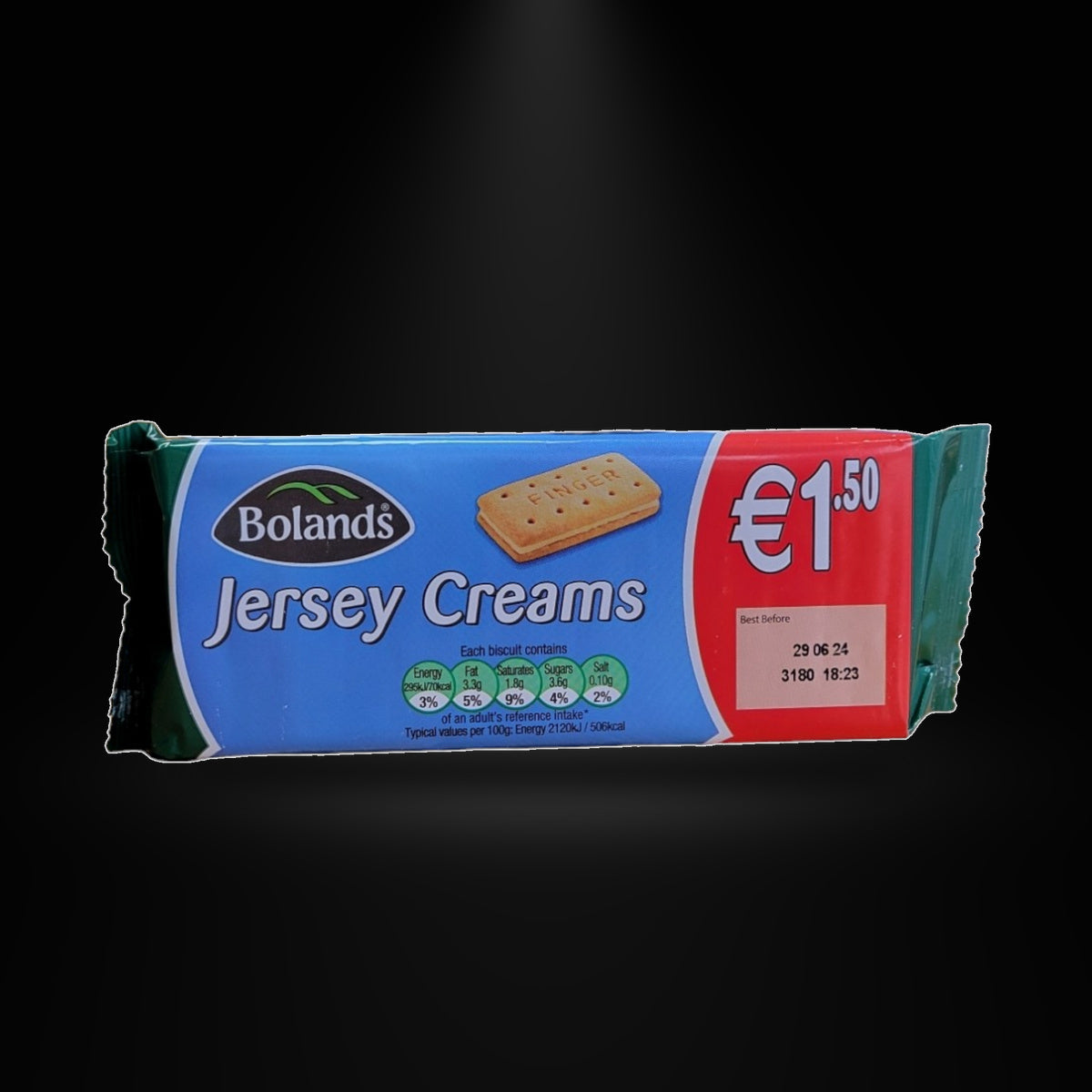 Bolands Jersey Creams on a black background with an overhead spotlight
